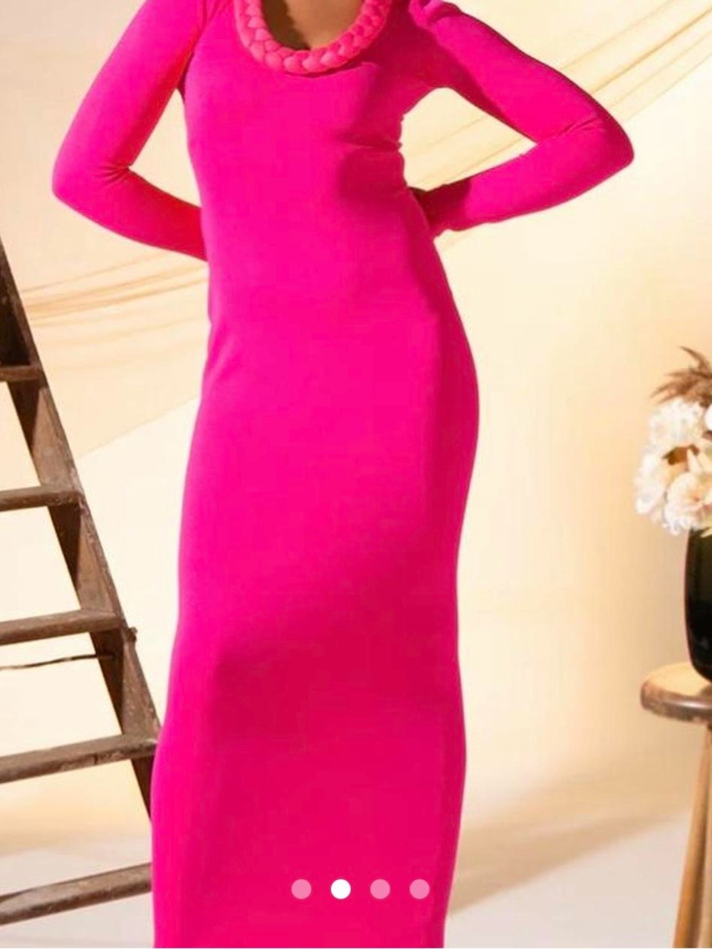 NWT Kai Collective Long-Sleeve Maxi Dress with Braided Neckline in Hot Pink -XL